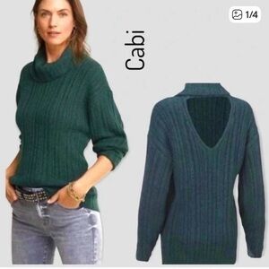 CABI Tryst Turtleneck Chunky Knit Sweater Rear Cutout Shadow Teal
#3885 Small